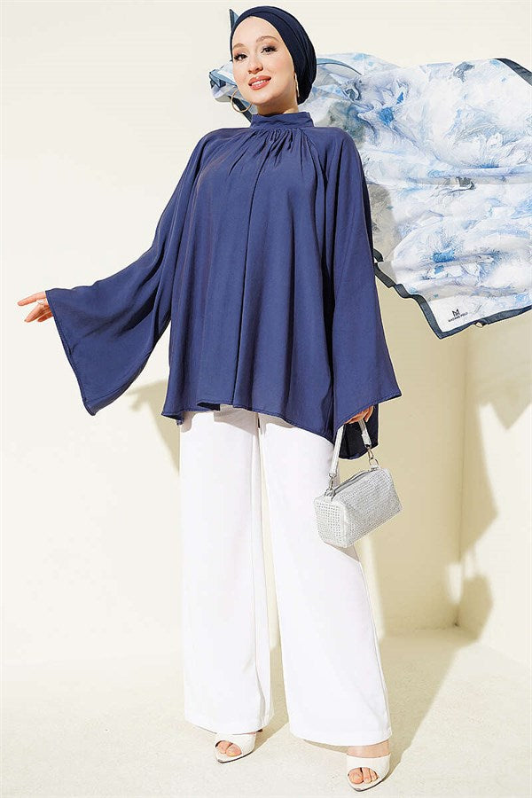Indigo Tunic with Gathered Neckline Detail