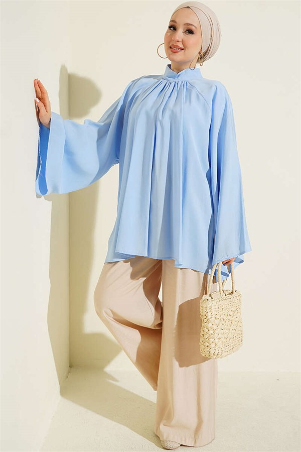 Blue Tunic with Gathered Neckline Detail