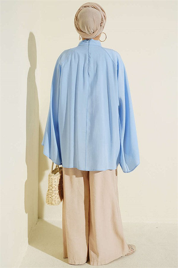 Blue Tunic with Gathered Neckline Detail