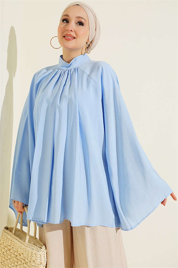Blue Tunic with Gathered Neckline Detail