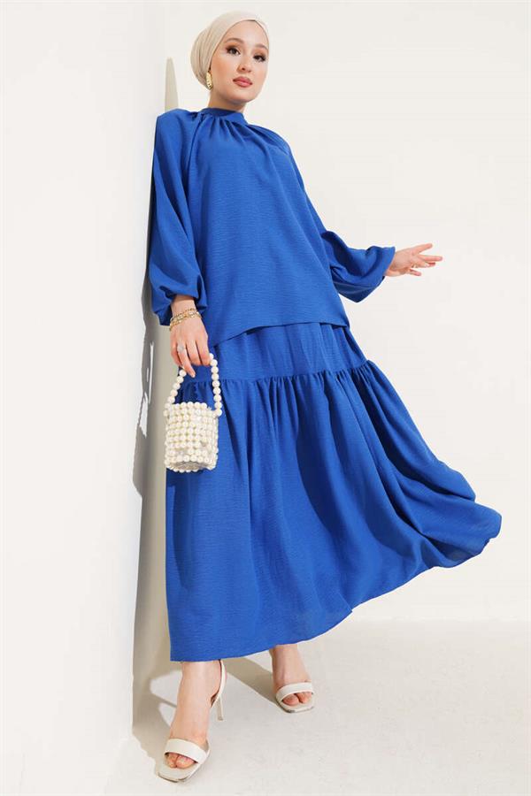 Gathered Collar and Skirted 2 Piece Set in Saxe