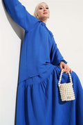 Gathered Collar and Skirted 2 Piece Set in Saxe