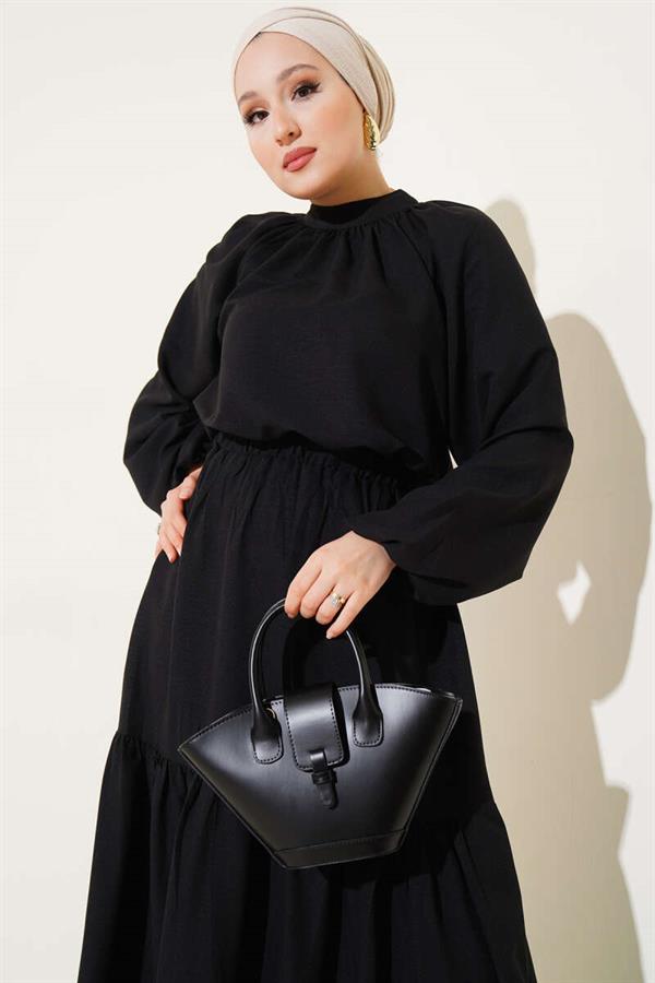 Gathered Collar and Skirted 2 Piece Set Black