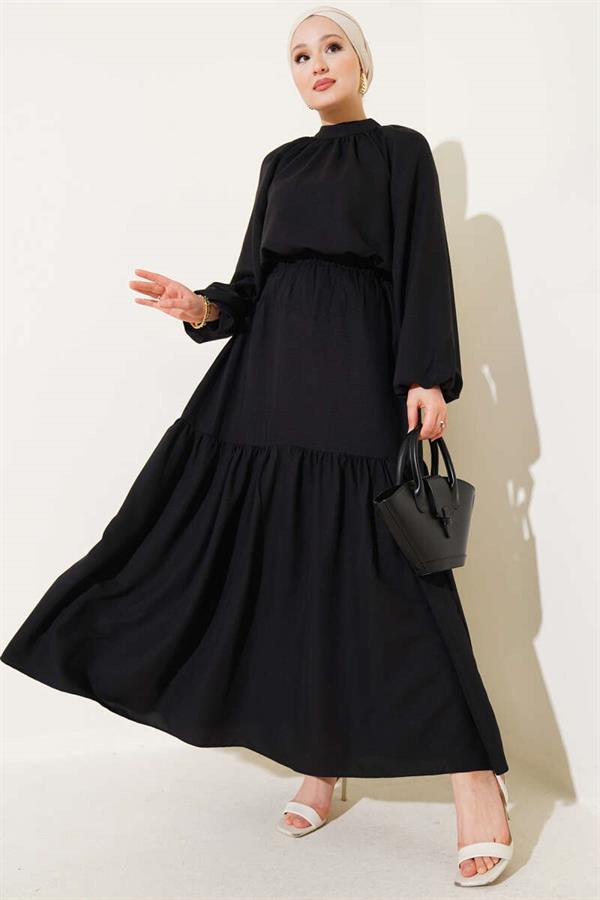 Gathered Collar and Skirted 2 Piece Set Black