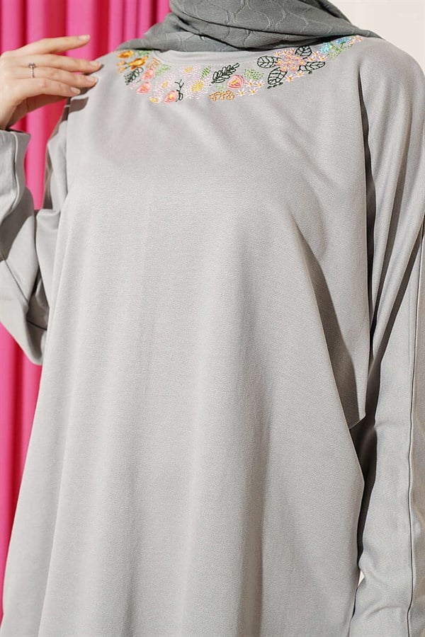 Loisha Tunic with Floral Embroidered Collar, Grey