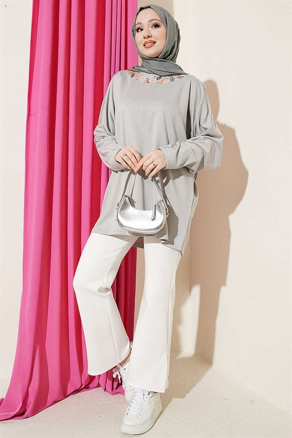 Loisha Tunic with Floral Embroidered Collar, Grey