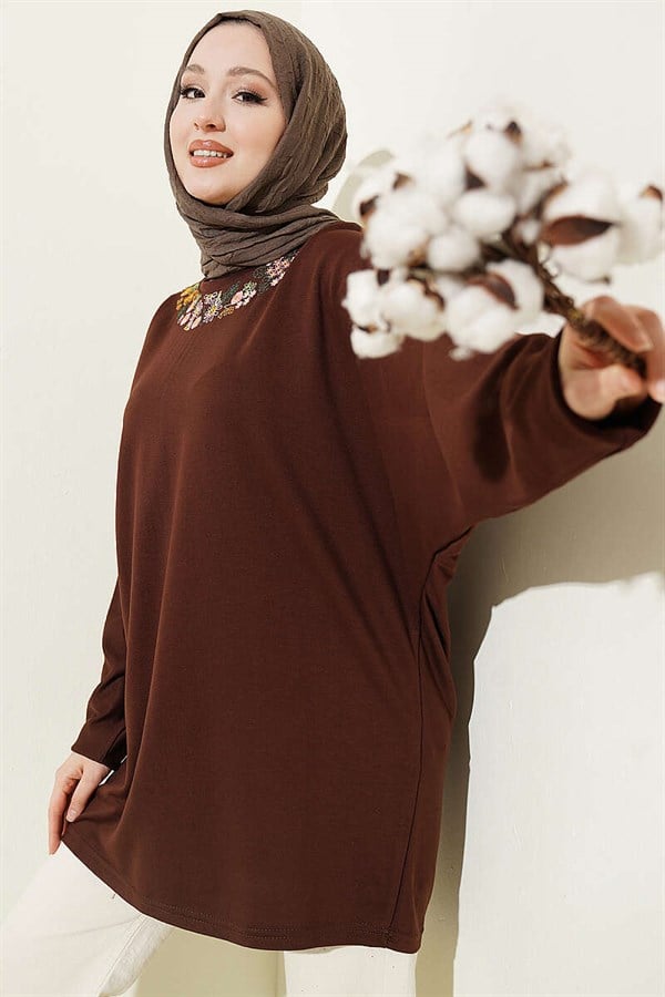 Loisha Tunic with Floral Embroidered Collar, Brown