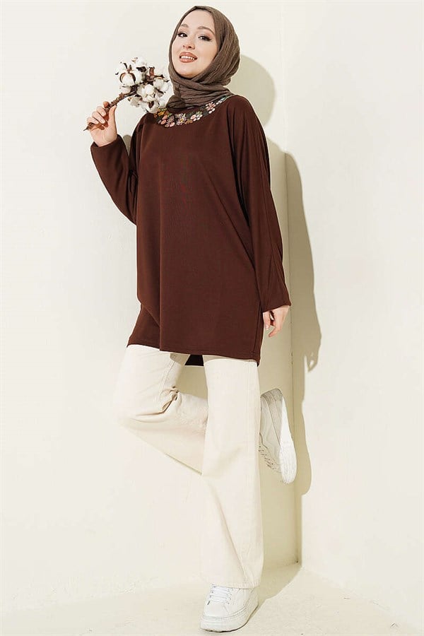 Loisha Tunic with Floral Embroidered Collar, Brown
