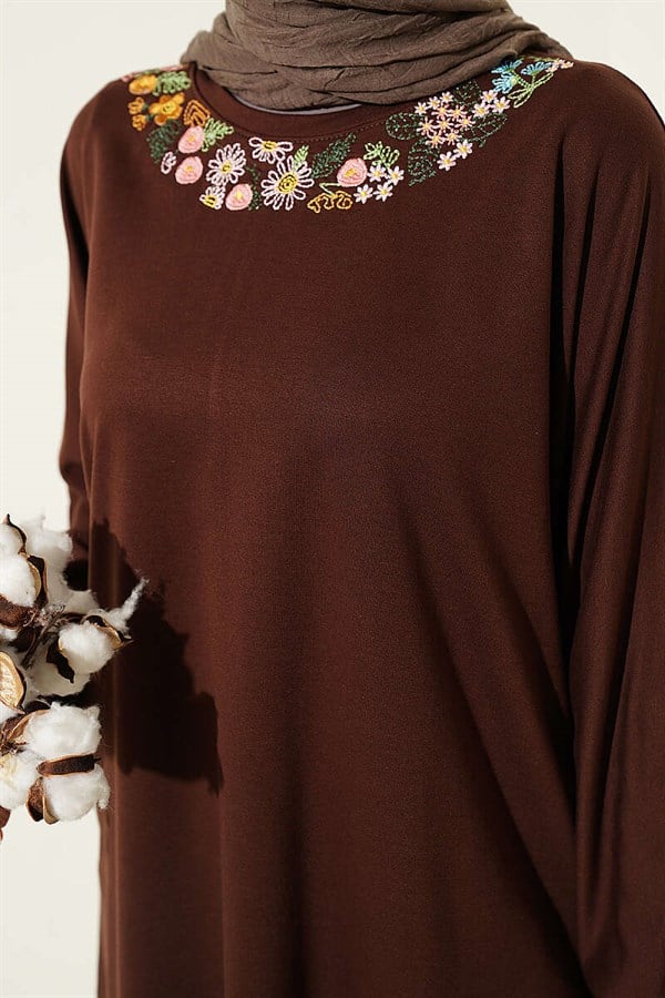 Loisha Tunic with Floral Embroidered Collar, Brown