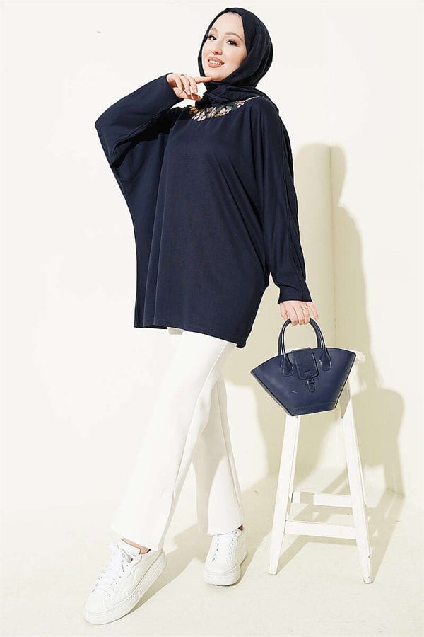 Loisha Tunic with Floral Embroidered Collar, Navy Blue