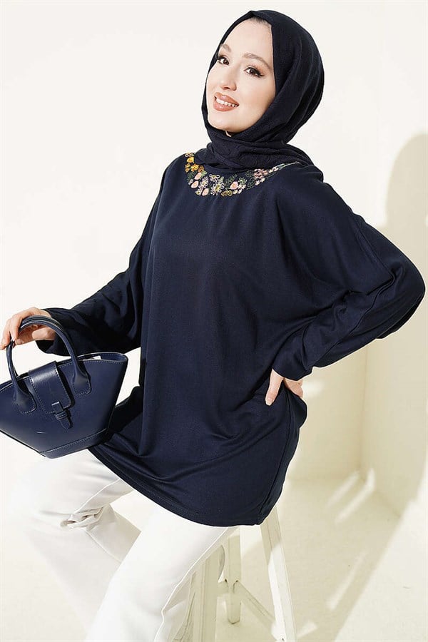 Loisha Tunic with Floral Embroidered Collar, Navy Blue