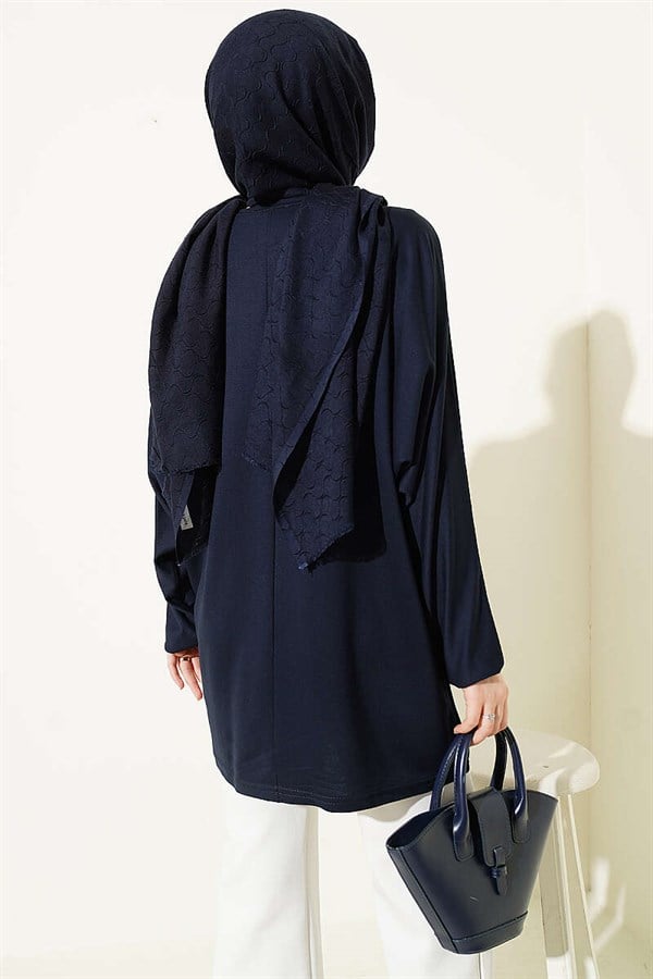 Loisha Tunic with Floral Embroidered Collar, Navy Blue