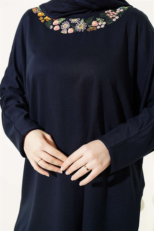Loisha Tunic with Floral Embroidered Collar, Navy Blue