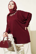 Loisha Tunic with Floral Embroidered Collar, Plum
