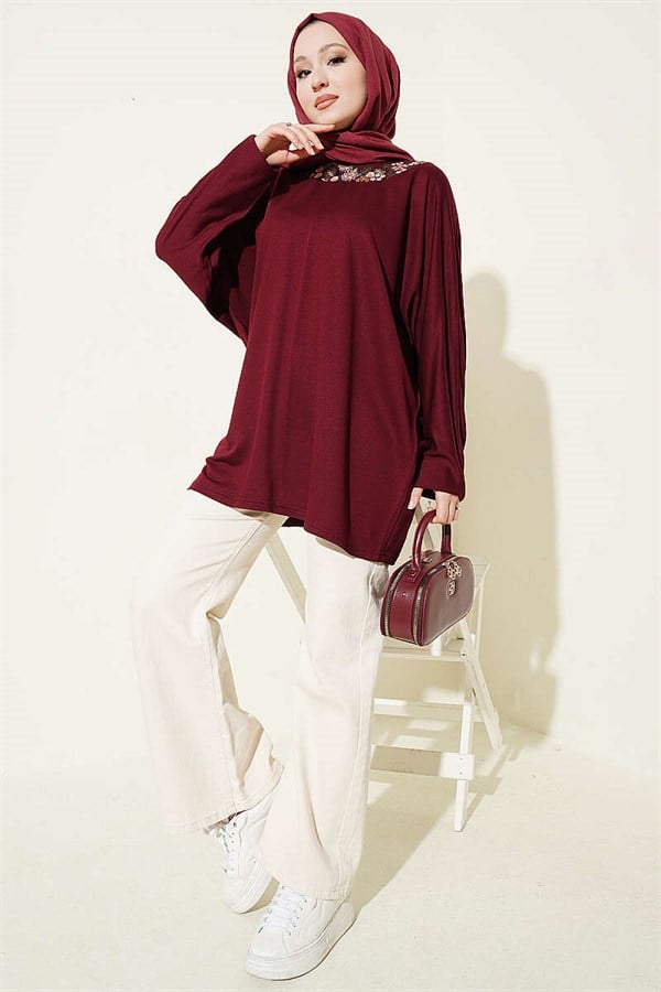 Loisha Tunic with Floral Embroidered Collar, Plum
