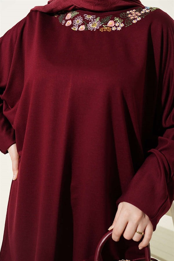 Loisha Tunic with Floral Embroidered Collar, Plum