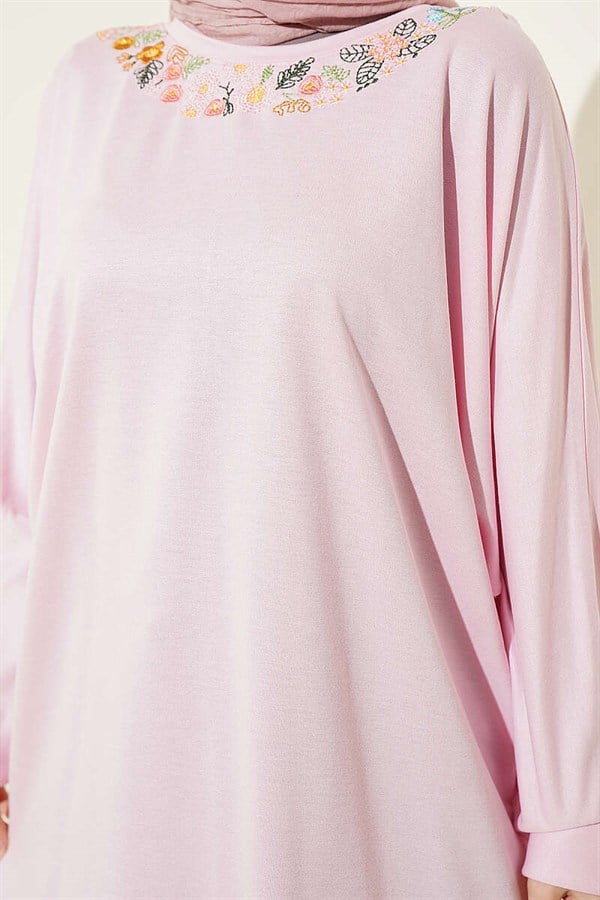 Pink Loisha Tunic with Floral Embroidered Collar