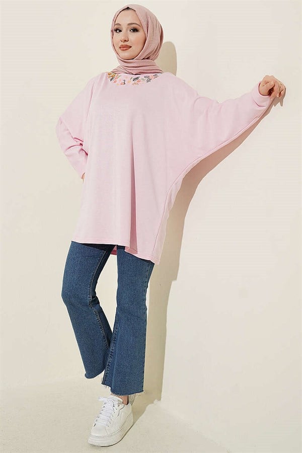 Pink Loisha Tunic with Floral Embroidered Collar