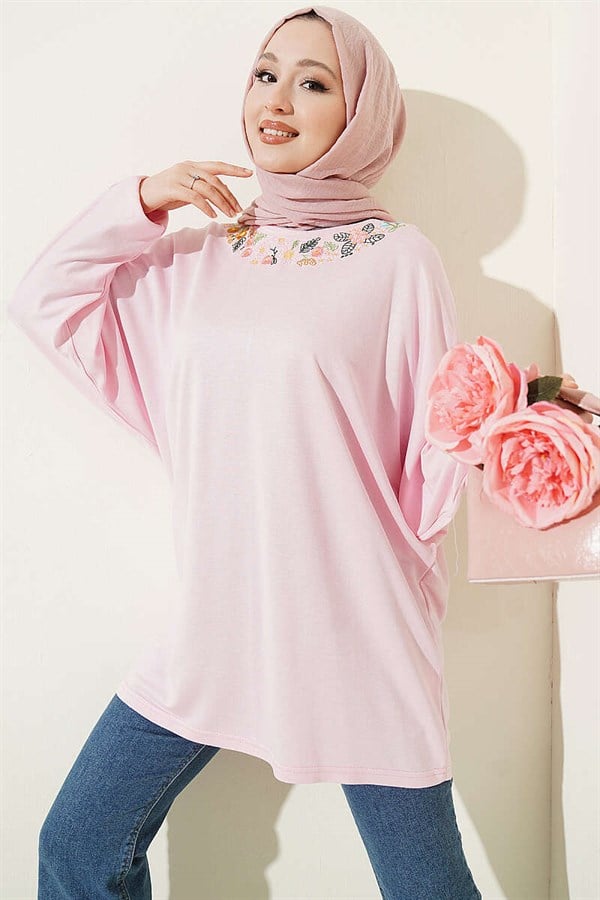 Pink Loisha Tunic with Floral Embroidered Collar
