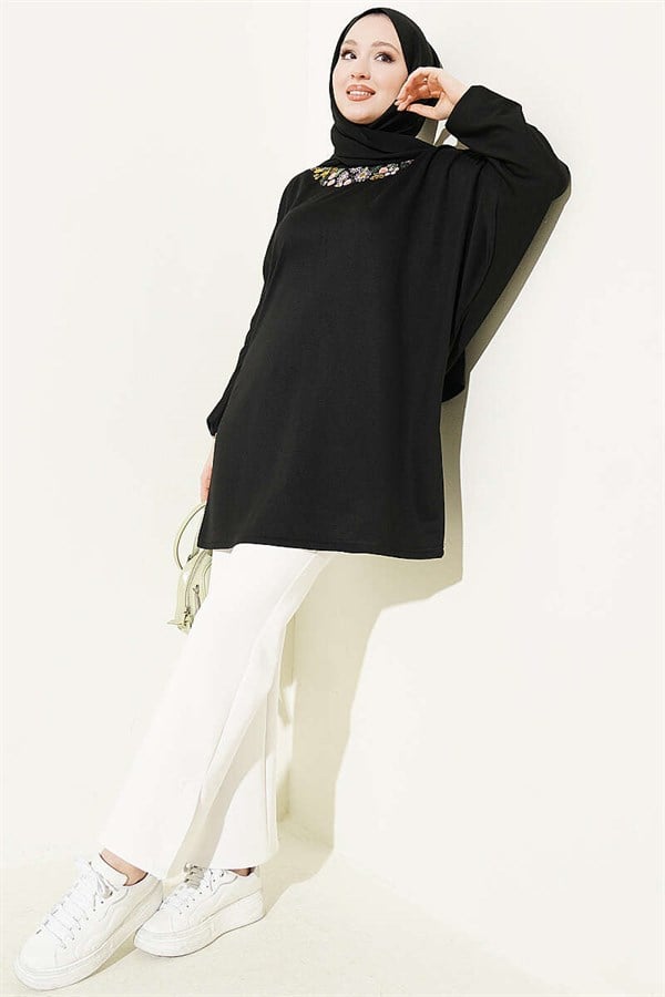 Loisha Tunic with Floral Embroidered Collar, Black