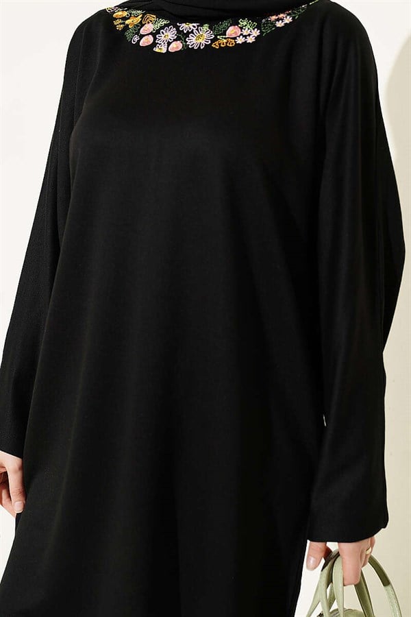 Loisha Tunic with Floral Embroidered Collar, Black