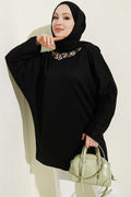 Loisha Tunic with Floral Embroidered Collar, Black