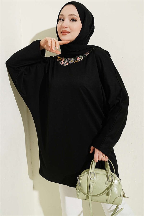 Loisha Tunic with Floral Embroidered Collar, Black