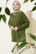 Loisha Tunic with Floral Embroidered Collar, Green