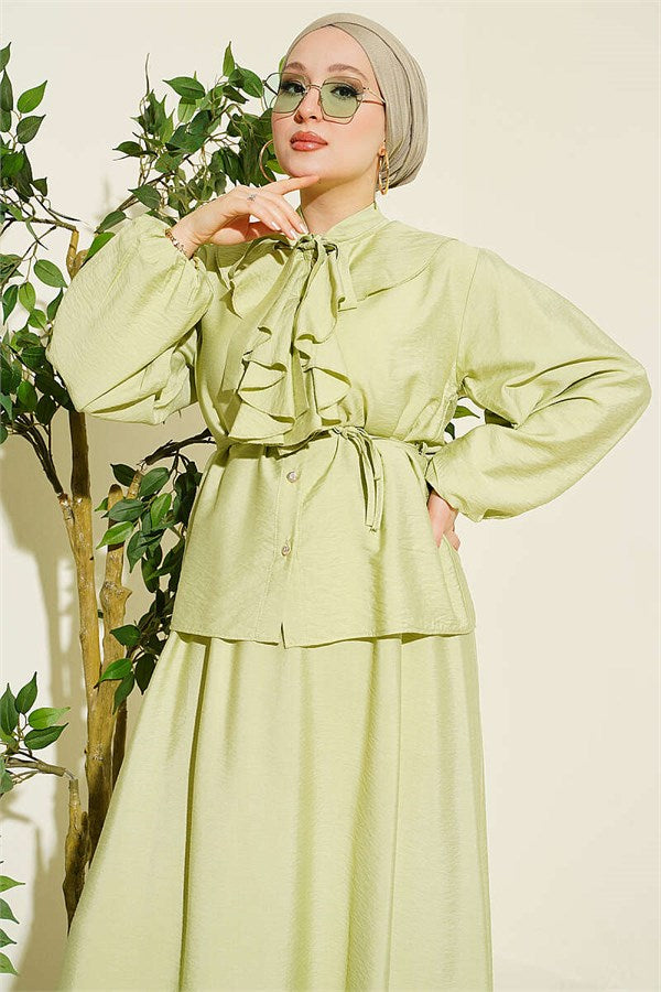 Ruffled Collar, Lace-Up Skirt 2 Piece Set, Light Green