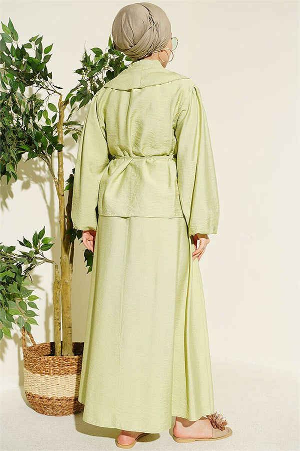 Ruffled Collar, Lace-Up Skirt 2 Piece Set, Light Green