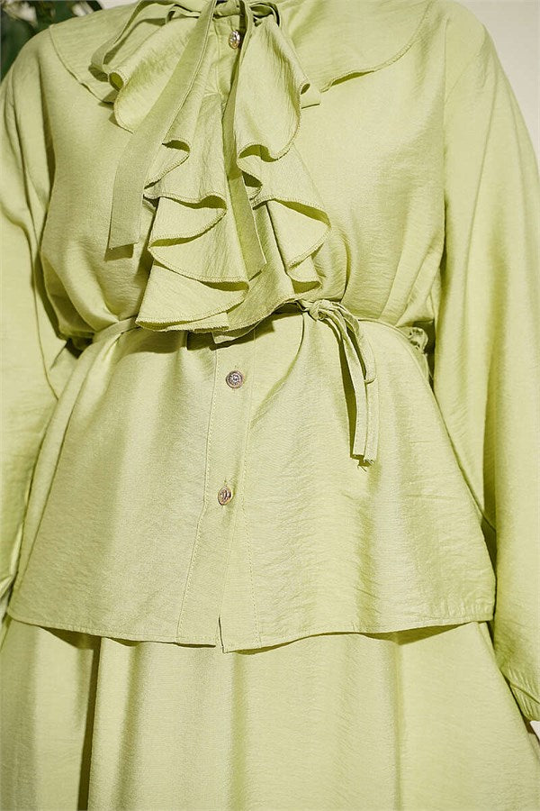 Ruffled Collar, Lace-Up Skirt 2 Piece Set, Light Green