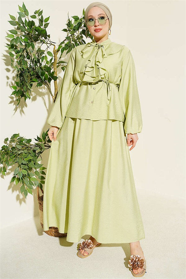 Ruffled Collar, Lace-Up Skirt 2 Piece Set, Light Green