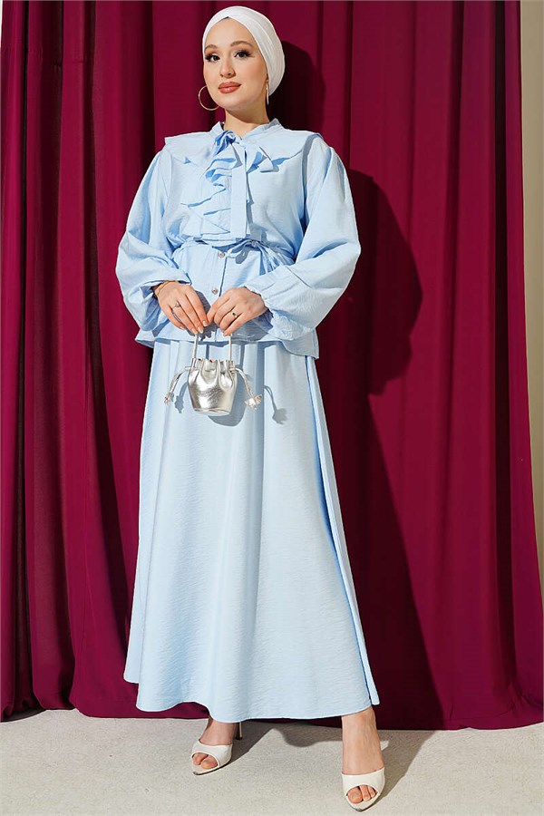 Blue Skirt 2 Piece Set with Ruffled Collar and Lace-up