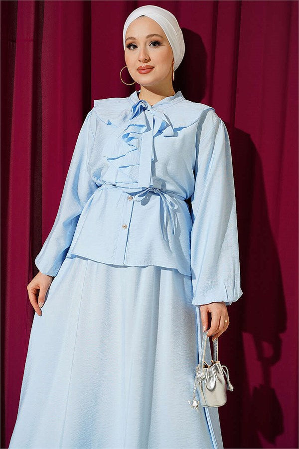 Blue Skirt 2 Piece Set with Ruffled Collar and Lace-up