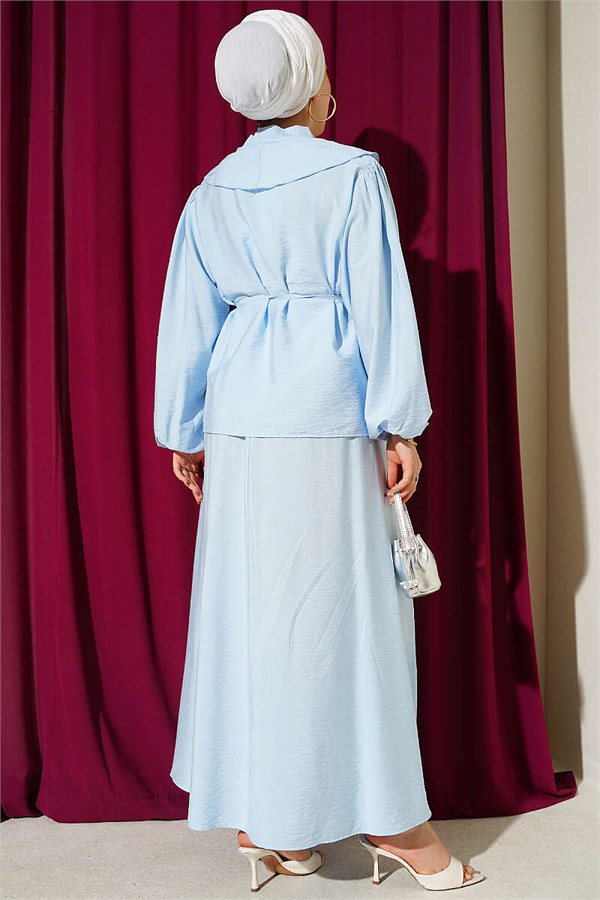 Blue Skirt 2 Piece Set with Ruffled Collar and Lace-up