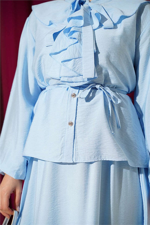 Blue Skirt 2 Piece Set with Ruffled Collar and Lace-up