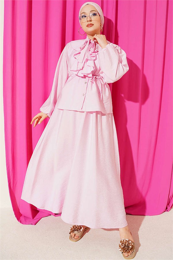 Pink Skirt 2 Piece Set with Ruffled Collar and Lace-up