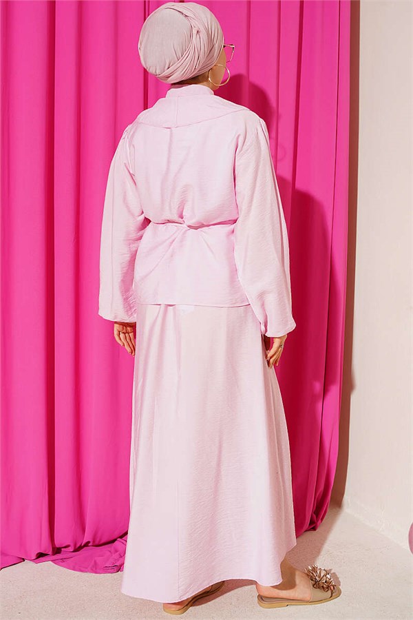 Pink Skirt 2 Piece Set with Ruffled Collar and Lace-up