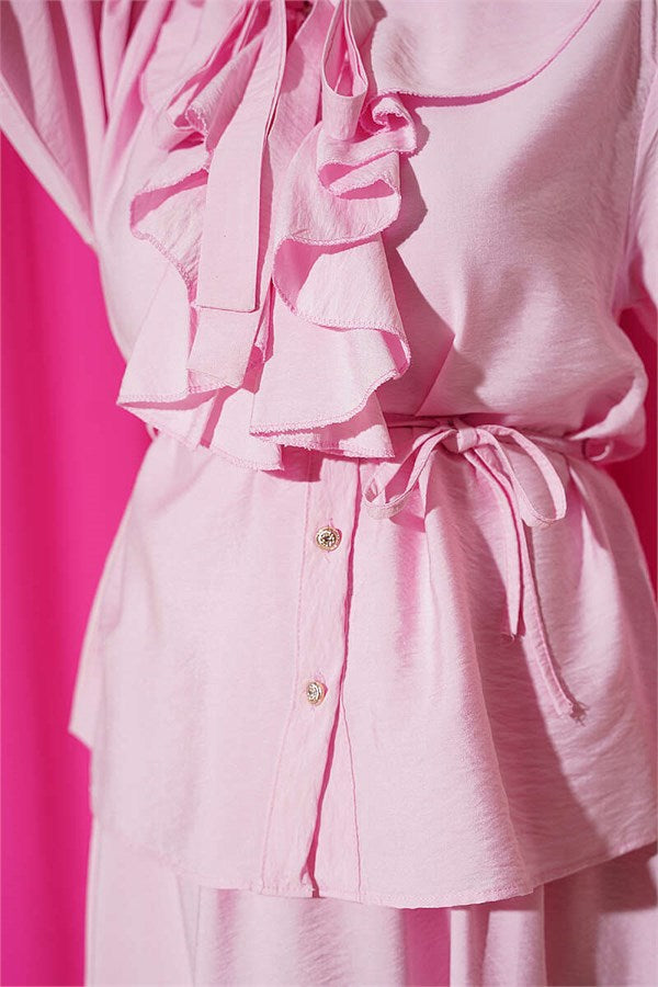 Pink Skirt 2 Piece Set with Ruffled Collar and Lace-up