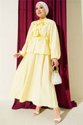 Yellow Skirt 2 Piece Set with Ruffled Collar and Lace-up