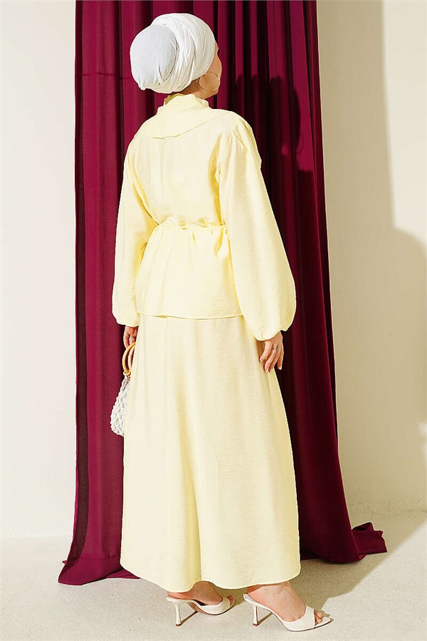Yellow Skirt 2 Piece Set with Ruffled Collar and Lace-up