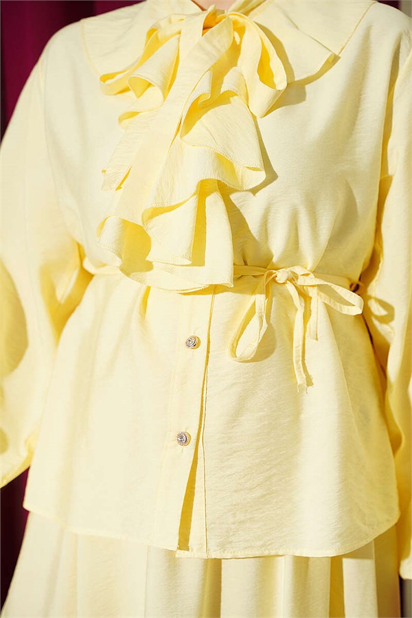 Yellow Skirt 2 Piece Set with Ruffled Collar and Lace-up