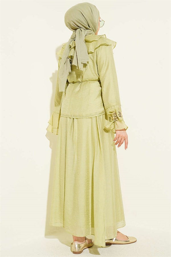 Skirt 2 Piece Set with Ruffled Collar and British Button Closure, Light Green