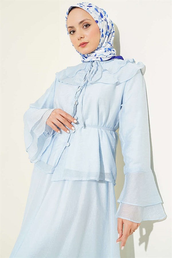 Blue Skirt 2 Piece Set with Ruffled Collar and British Button Closure