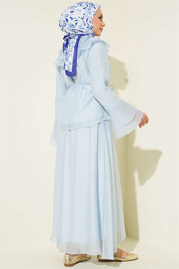 Blue Skirt 2 Piece Set with Ruffled Collar and British Button Closure