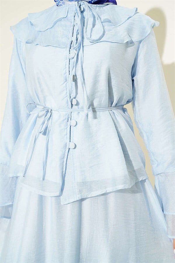 Blue Skirt 2 Piece Set with Ruffled Collar and British Button Closure
