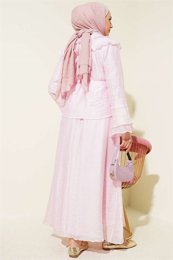 Pink Skirt 2 Piece Set with Ruffled Collar and British Button Closure