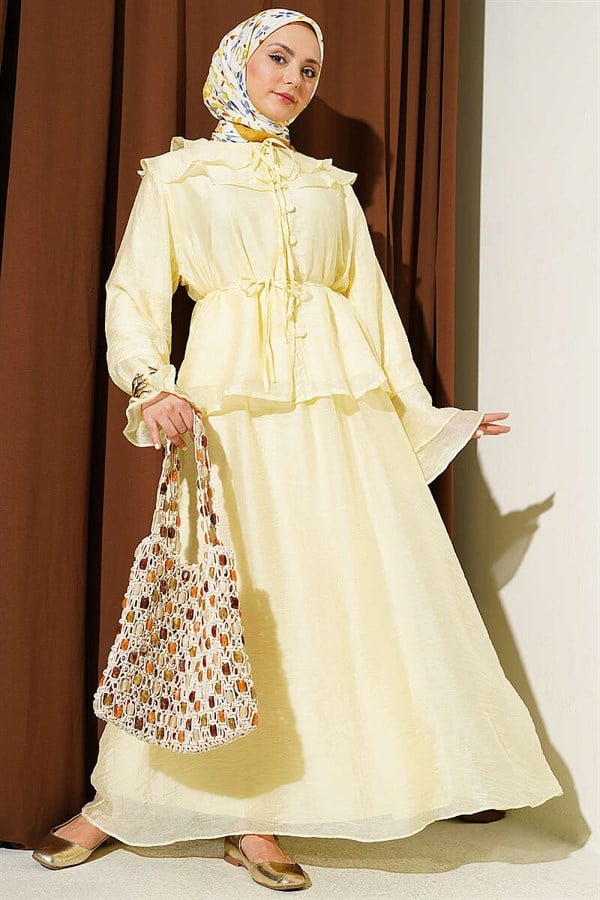 Yellow Skirt 2 Piece Set with Ruffled Collar and British Button Closure