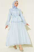 Blue Skirt 2 Piece Set with Ruffled Collar and British Button Closure