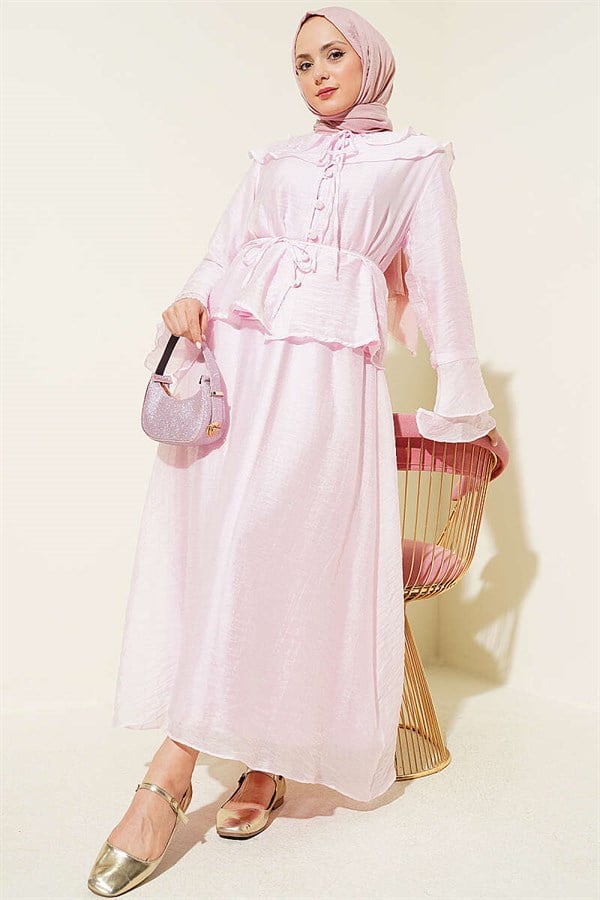 Pink Skirt 2 Piece Set with Ruffled Collar and British Button Closure